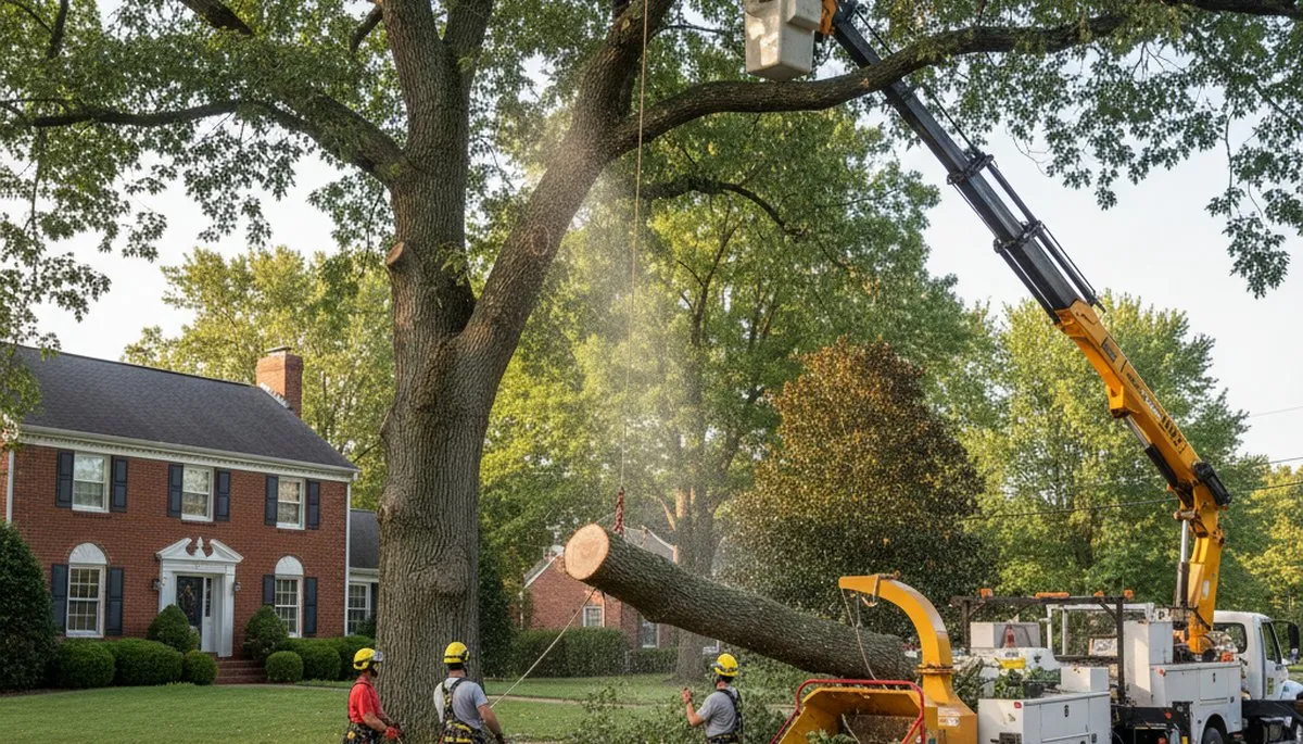 Professional arborists performing safe residential tree removal in Cincinnati, OH with crane and chainsaws