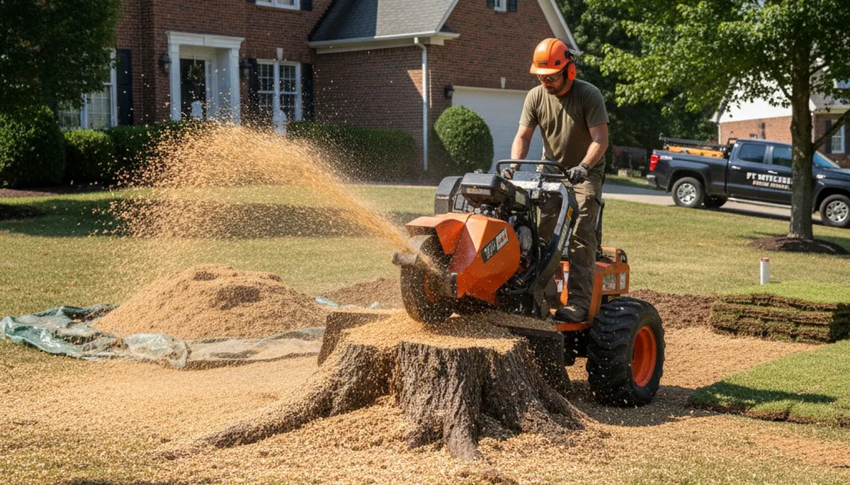 Professional stump grinding service removing tree stump in Ft Mitchell KY near Cincinnati OH yard